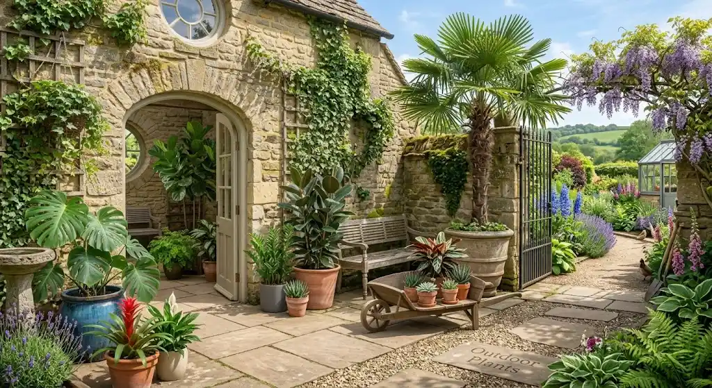 Team planting large outdoor plants during a project